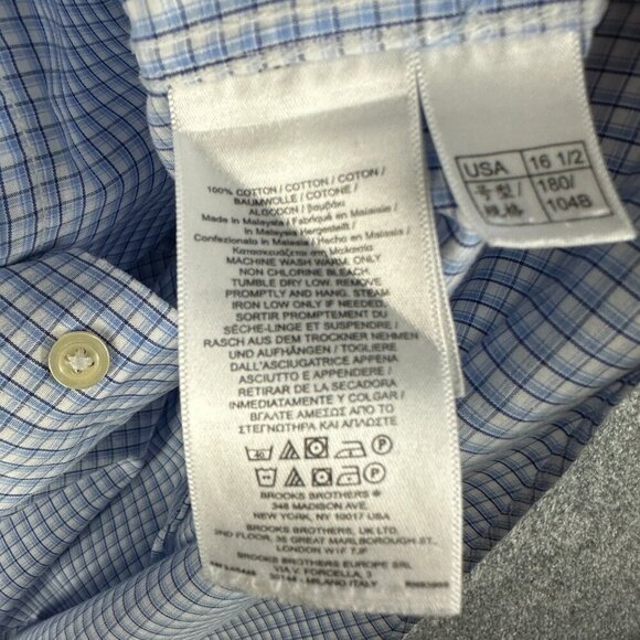 Brooks Brothers Shirt Mens 16.5 Madison Button Up Non Iron Blue White Check Cott - Picture 7 of 9